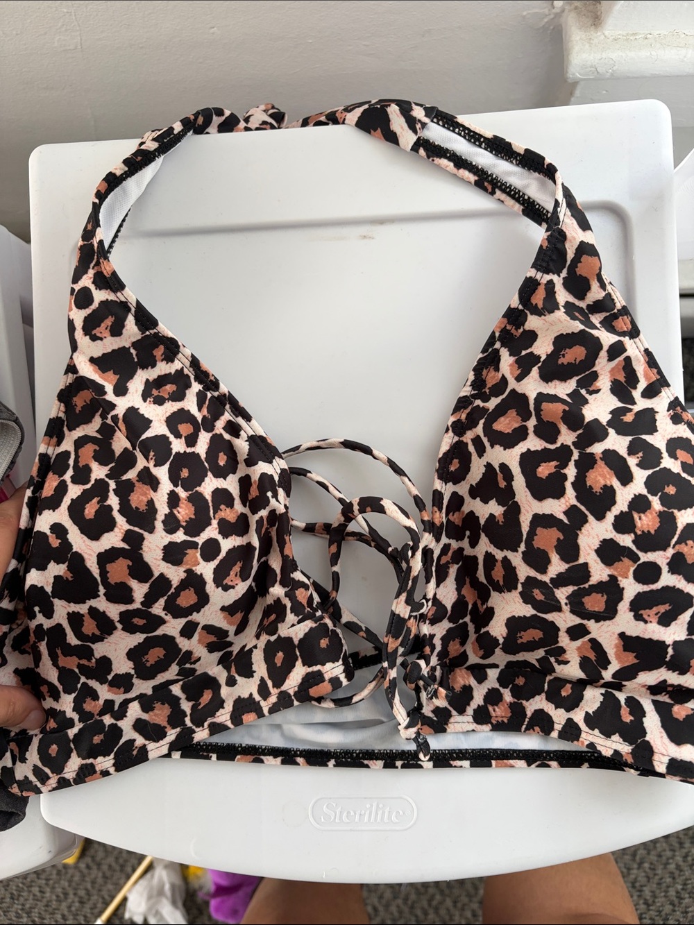 Leopard Print Lace-Up Halter Swimsuit- Black & Tan